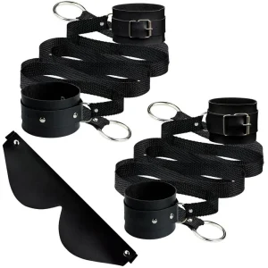 Kit Bondage com Par de Algemas Amarras de 1m Par de Tornozeleiras Amarras de 1,2m e Venda Preta