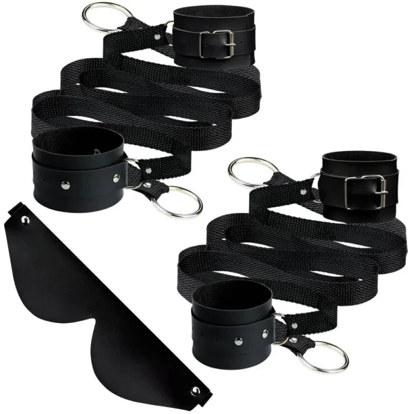 Kit Bondage com Par de Algemas Amarras de 1m Par de Tornozeleiras Amarras de 1,2m e Venda Preta