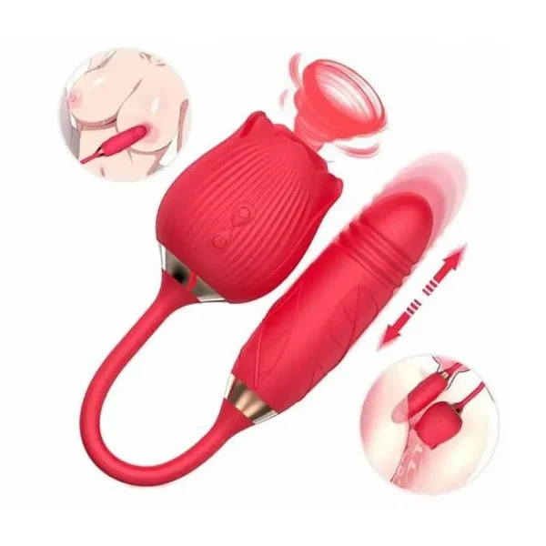 Vibrador Duplo Sugador em Formato de Rosa | Penetrador Vai e Vem - Image 2